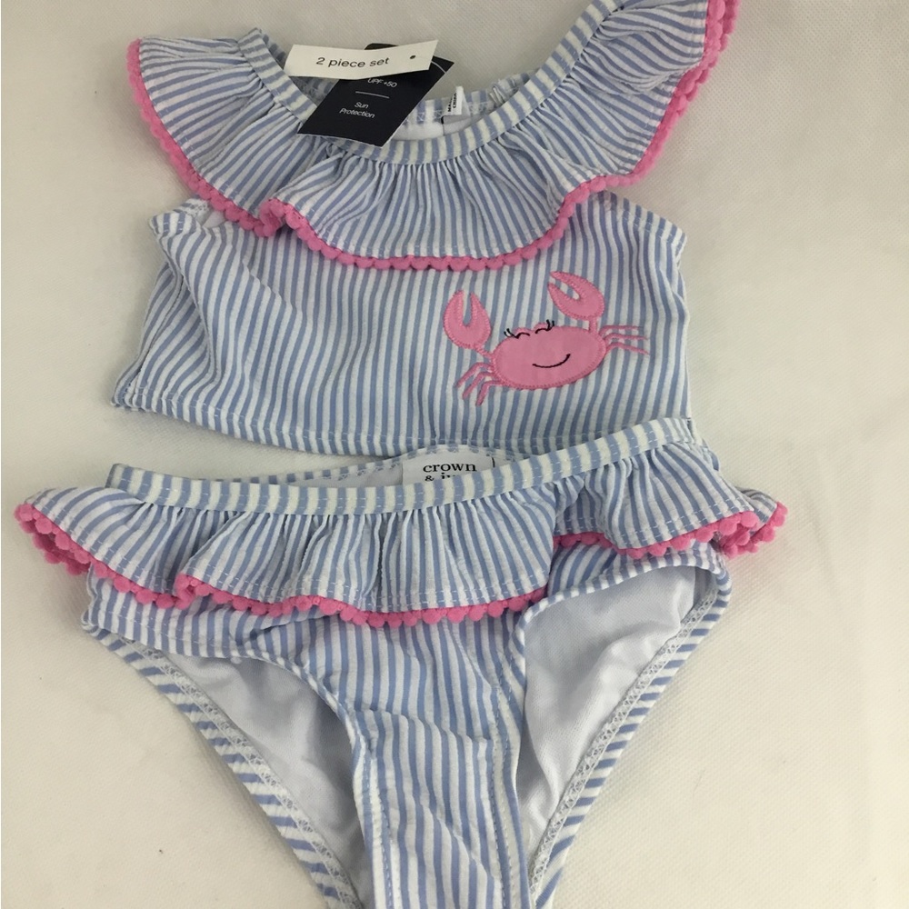 Crown & Ivy 2 Piece Baby Crab Tankini Swimsuit Blue Stripe Pink Trim with Crab